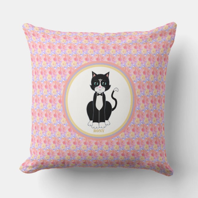 Tuxedo Cat on Flower Background Cushion (Front)