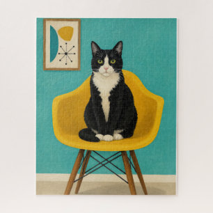 Tuxedo Cat On Yellow Mid Century Chair Jigsaw Puzzle
