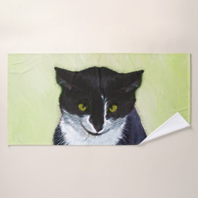 Tuxedo Cat Painting - Cute Original Cat Art Bath Towel Set (Bath Towel)
