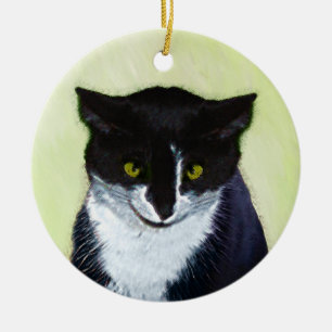 Tuxedo Cat Painting - Cute Original Cat Art Ceramic Tree Decoration