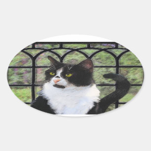 Tuxedo Cat Painting - Cute Original Cat Art Oval Sticker