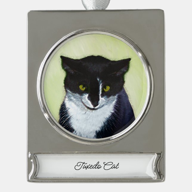 Tuxedo Cat Painting - Cute Original Cat Art Silver Plated Banner Ornament (Front)