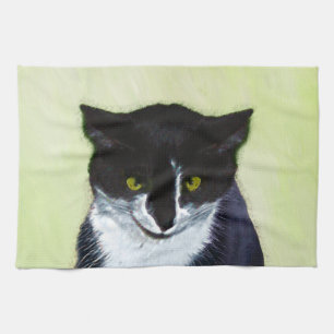 Tuxedo Cat Painting - Cute Original Cat Art Tea Towel