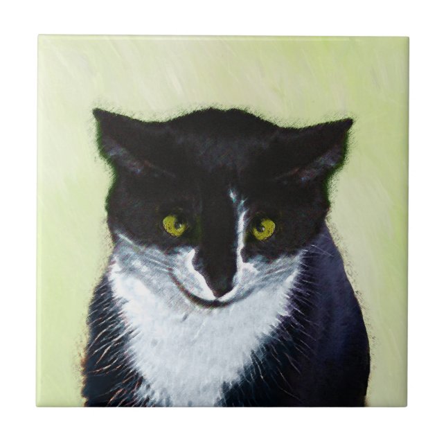 Tuxedo Cat Painting - Cute Original Cat Art Tile (Front)
