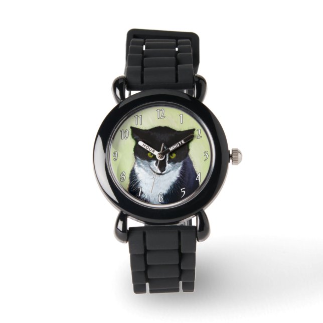 Tuxedo Cat Painting - Cute Original Cat Art Watch (Front)
