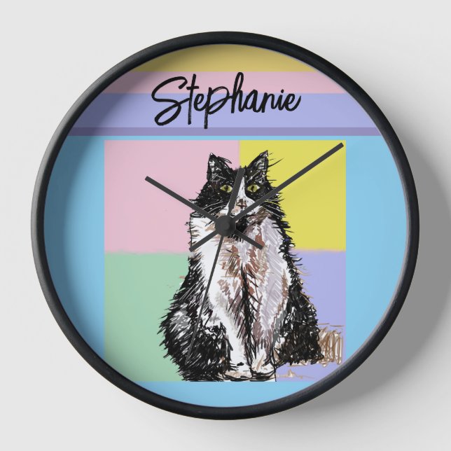 Tuxedo Cat Pastel Colors Pink Girls Name Clock (Front)