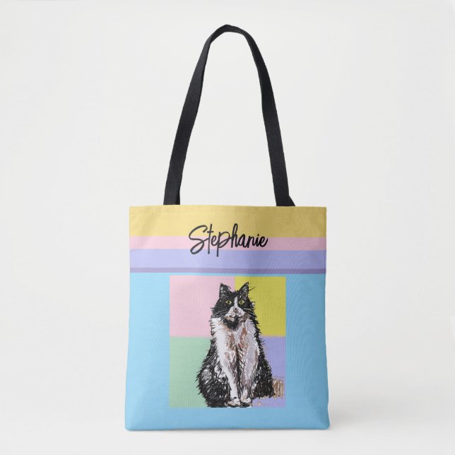Tuxedo Cat Pastel Colors Pink Girls Name Tote Bag (Front)