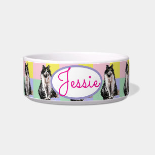 Tuxedo Cat Pastel Colors Pink Pet Name Bowl