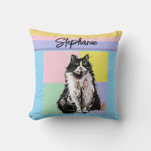 Tuxedo Cat Pastel Colours Pink Girls Name Cushion