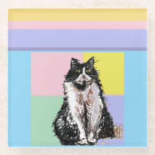 Tuxedo Cat Pastel Colours Pink Girls Name Glass Coaster