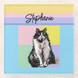 Tuxedo Cat Pastel Colours Pink Girls Name Glass Coaster