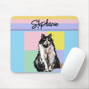 Tuxedo Cat Pastel Colours Pink Girls Name Mouse Pad