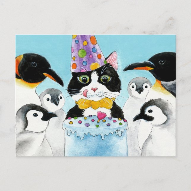 Tuxedo cat penguins birthday cake postcard (Front)