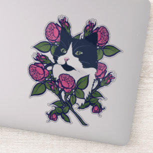 Tuxedo Cat Peony Floral Art Tuxie Cats