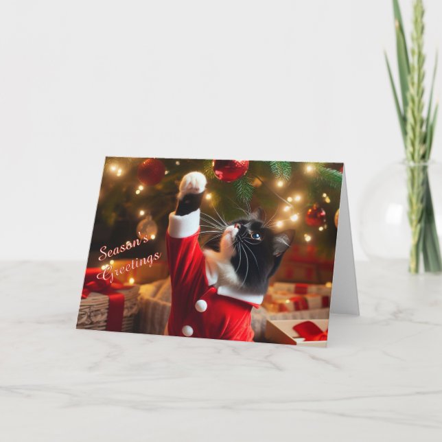Tuxedo Cat Play with Christmas Ball on Tree Card (Front)