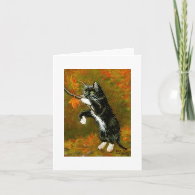 Tuxedo Cat Playing with Leaves Note Card (Front)