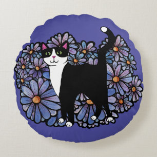 Tuxedo Cat Purple Daisies Art                      Round Cushion