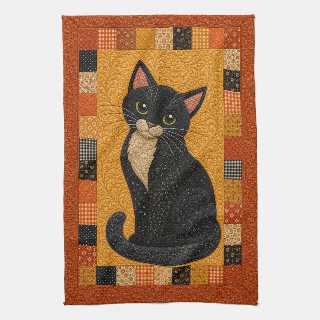 Tuxedo Cat Quilt  Tea Towel (Vertical)
