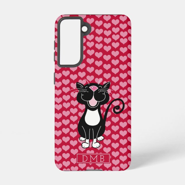 Tuxedo Cat Red Hearts Pattern Monogram Samsung Galaxy S21 Case (Back)