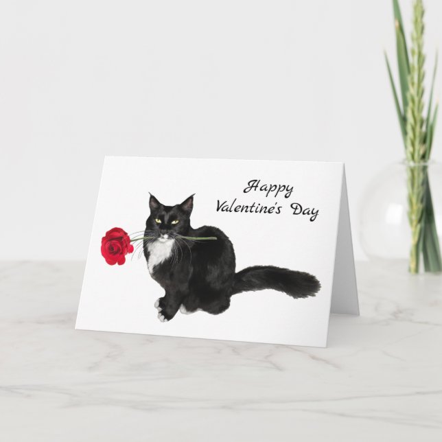Tuxedo Cat Red Rose Valentine's Day Card (Front)