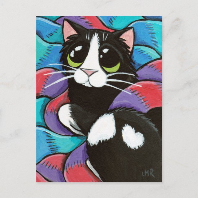 Tuxedo Cat Resting on Scarves Art Postcard (Front)