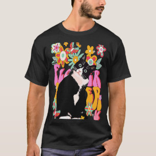 Tuxedo Cat Retro 60s 70s Vibe Flowers Peace Sign V T-Shirt