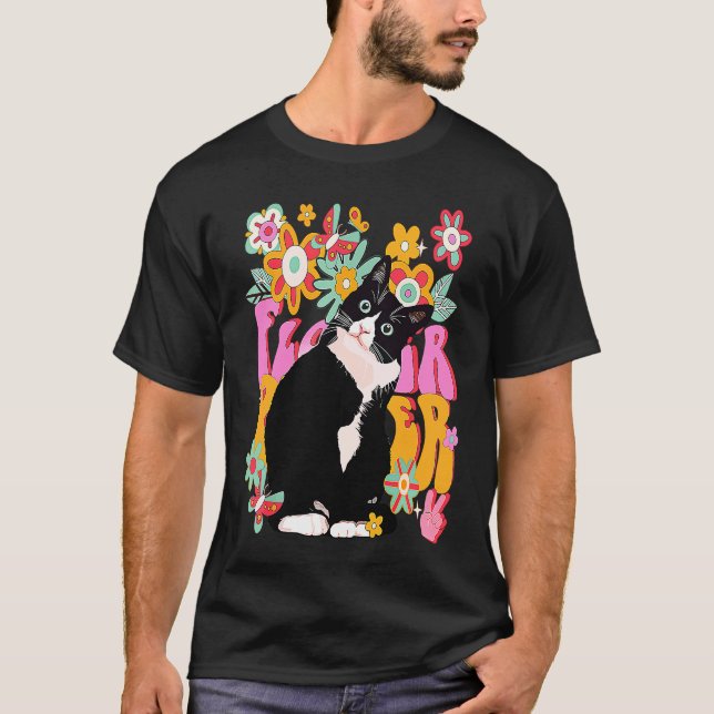 Tuxedo Cat Retro 60s 70s Vibe Flowers Peace Sign V T-Shirt (Front)