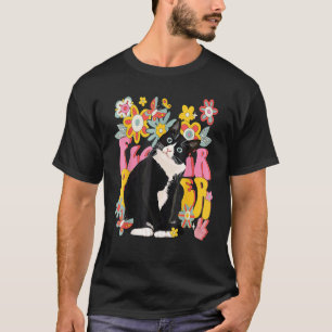 Tuxedo Cat Retro 60s 70s Vibe Flowers Peace Sign V T-Shirt
