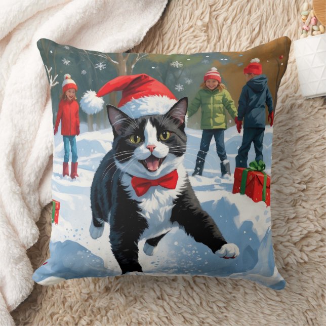 Tuxedo Cat Running in Snow with Christmas Hat Cushion (Blanket)