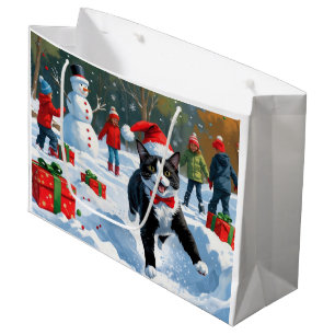 Tuxedo Cat Running in Snow with Christmas Hat Large Gift Bag