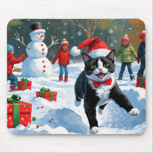 Tuxedo Cat Running in Snow with Christmas Hat Mouse Pad
