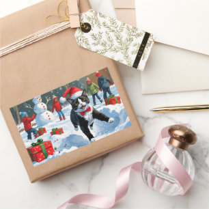 Tuxedo Cat Running in Snow with Christmas Hat Rectangular Sticker