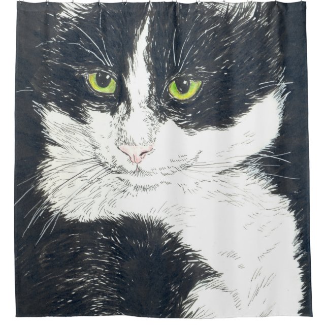 Tuxedo cat shower curtain (Front)
