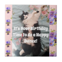 Tuxedo Cat Sleeping Funny Cats Happy Dance Tile