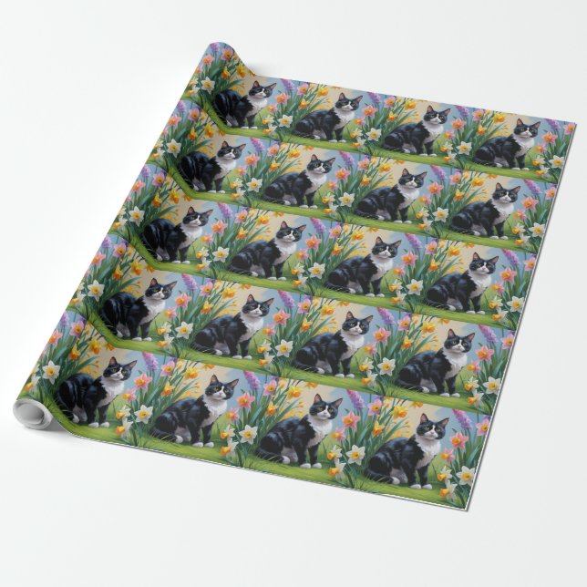 Tuxedo Cat Spring Flowers Painting  Wrapping Paper (Unrolled)
