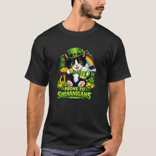 Tuxedo Cat St Pattys Day Prone to Shenanigans T-Shirt