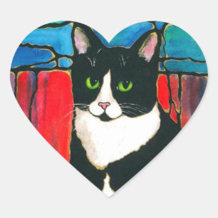 Tuxedo Cat Stained Glass Design Art T-Shirt Heart Sticker
