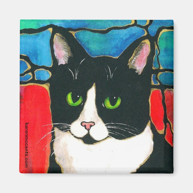 Tuxedo Cat Stained Glass Design Art T-Shirt Magnet (Front)
