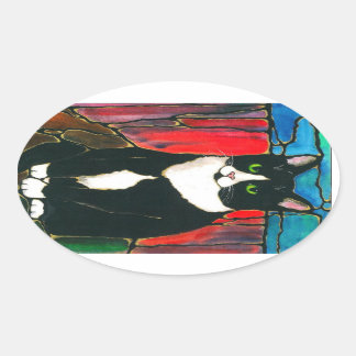 Tuxedo Cat Stained Glass Design Art T-Shirt Oval Sticker