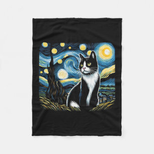 Tuxedo Cat Starry Night Painting Tuxedo Cat Owner  Fleece Blanket