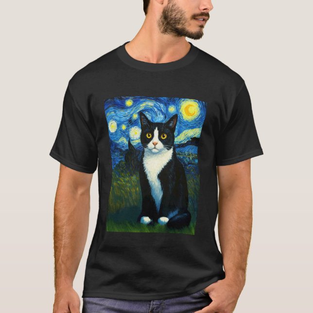 Tuxedo Cat Starry Night T-Shirt (Front)
