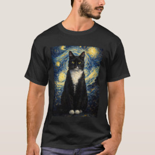 Tuxedo Cat Starry Night Van Gogh Inspired Painting T-Shirt