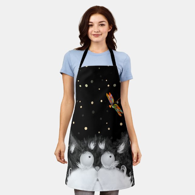 Tuxedo Cat Surprised by Dragonfly  Apron (Worn)