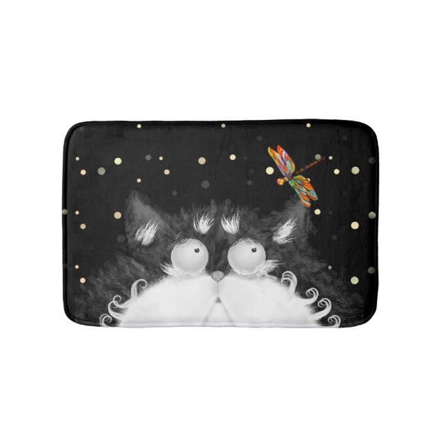 Tuxedo Cat Surprised by Dragonfly Bath Mat (Front)
