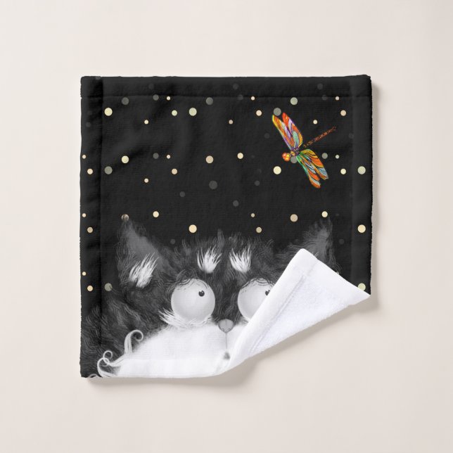 Tuxedo Cat Surprised by Dragonfly  Bath Towel Set (Wash Cloth)