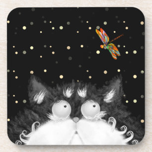 Tuxedo Cat Surprised by Dragonfly Coaster