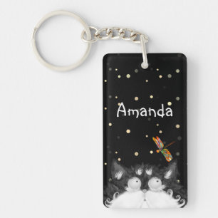 Tuxedo Cat Surprised by Dragonfly  Key Ring