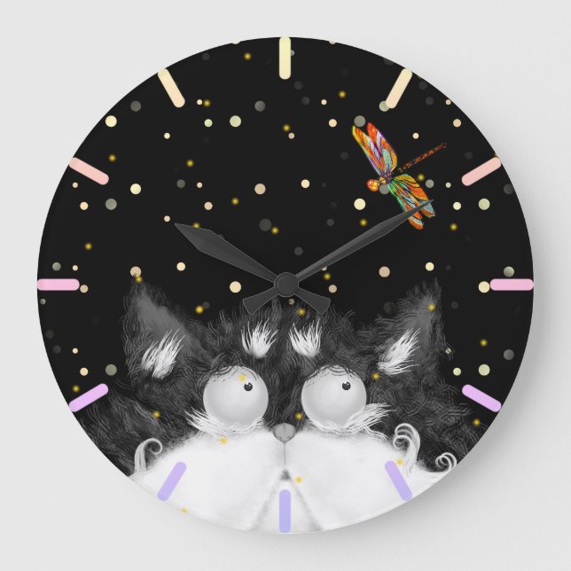 Tuxedo Cat Surprised by Dragonfly  Large Clock (Front)