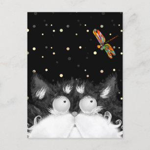 Tuxedo Cat Surprised by Dragonfly Postcard
