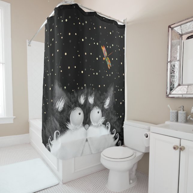 Tuxedo Cat Surprised by Dragonfly  Shower Curtain (In Situ)